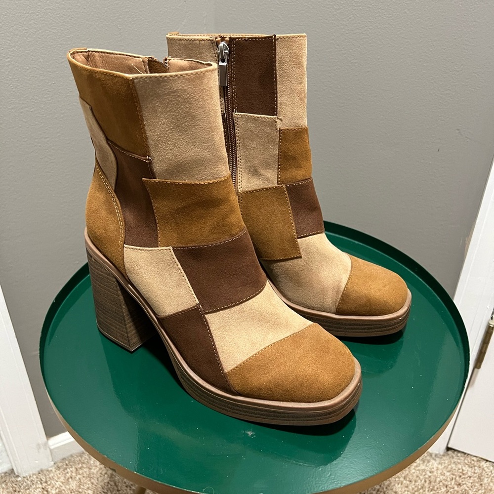 Target Patchwork Heeled Boots in Tan and Brown